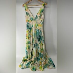 Sleeveless V-Neck Maxi Dress in Green & Cream Watercolor Print